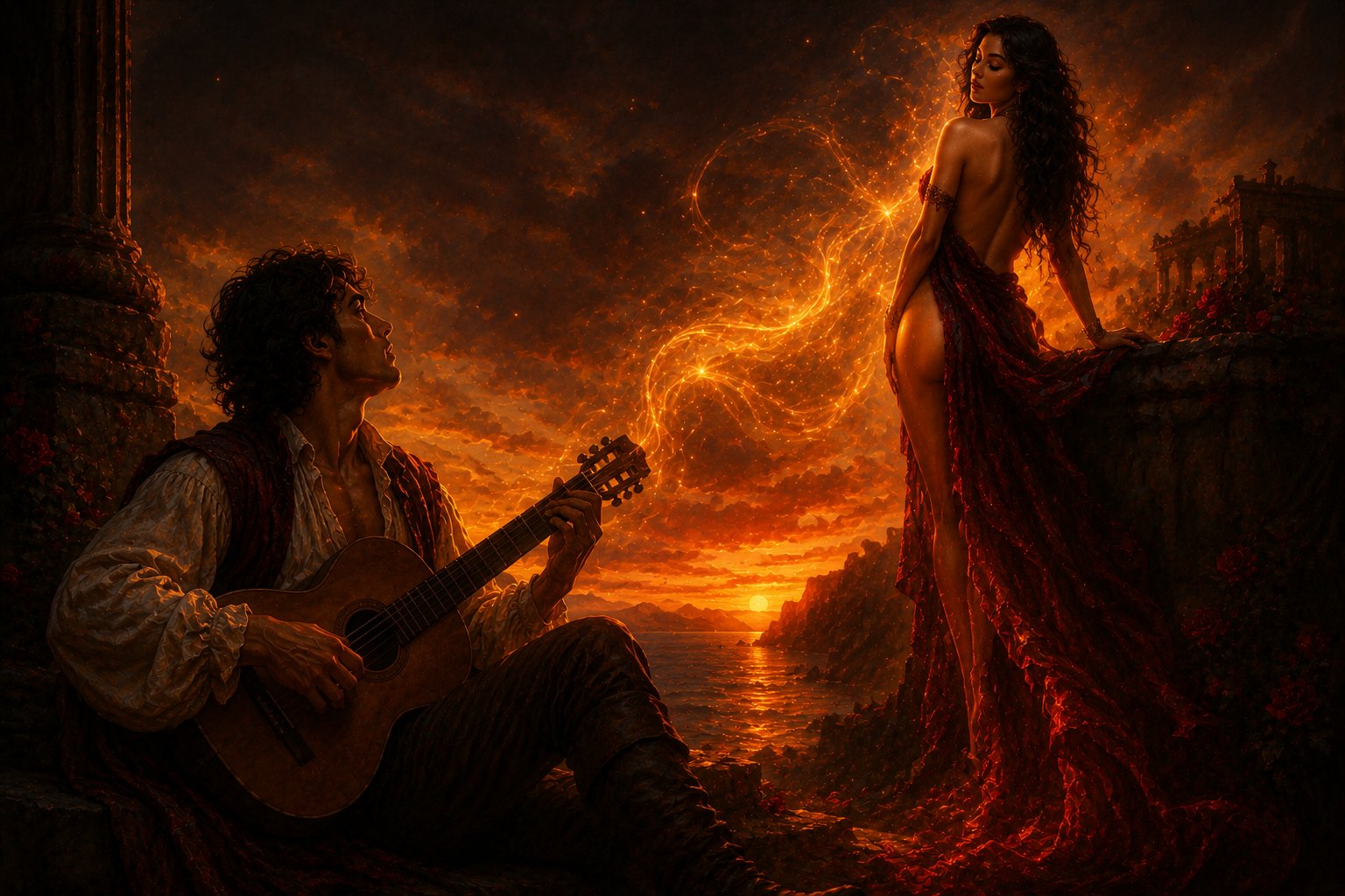 Un trovatore canta a una donna irraggiungibile al tramonto, tra loro una luce dorata